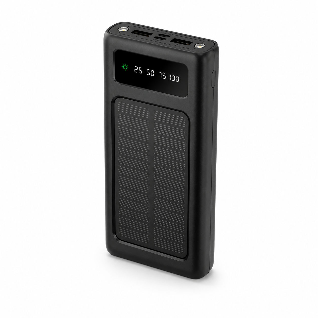 10000mAh Solar Power Bank with Built-in Cables, LED Flashlight & Fast Charging