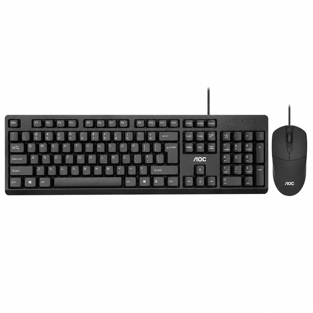 AOC KM160 Essential Wired Keyboard & Mouse Combo – Durable Spill-Resistant Design, High-Precision Optical Tracking (Black)
